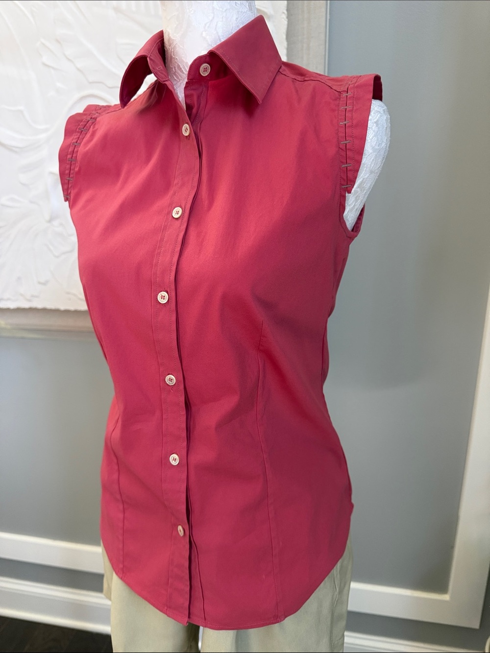 Loro Piana Cotton Blend Cap Sleeve Button Down Blouse Coral Pink Italy 40/S